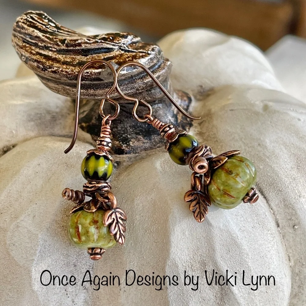 Hand Crafted “Green Jade Knight Pumpkin” Dangle Earrings - Picture 1 of 10
